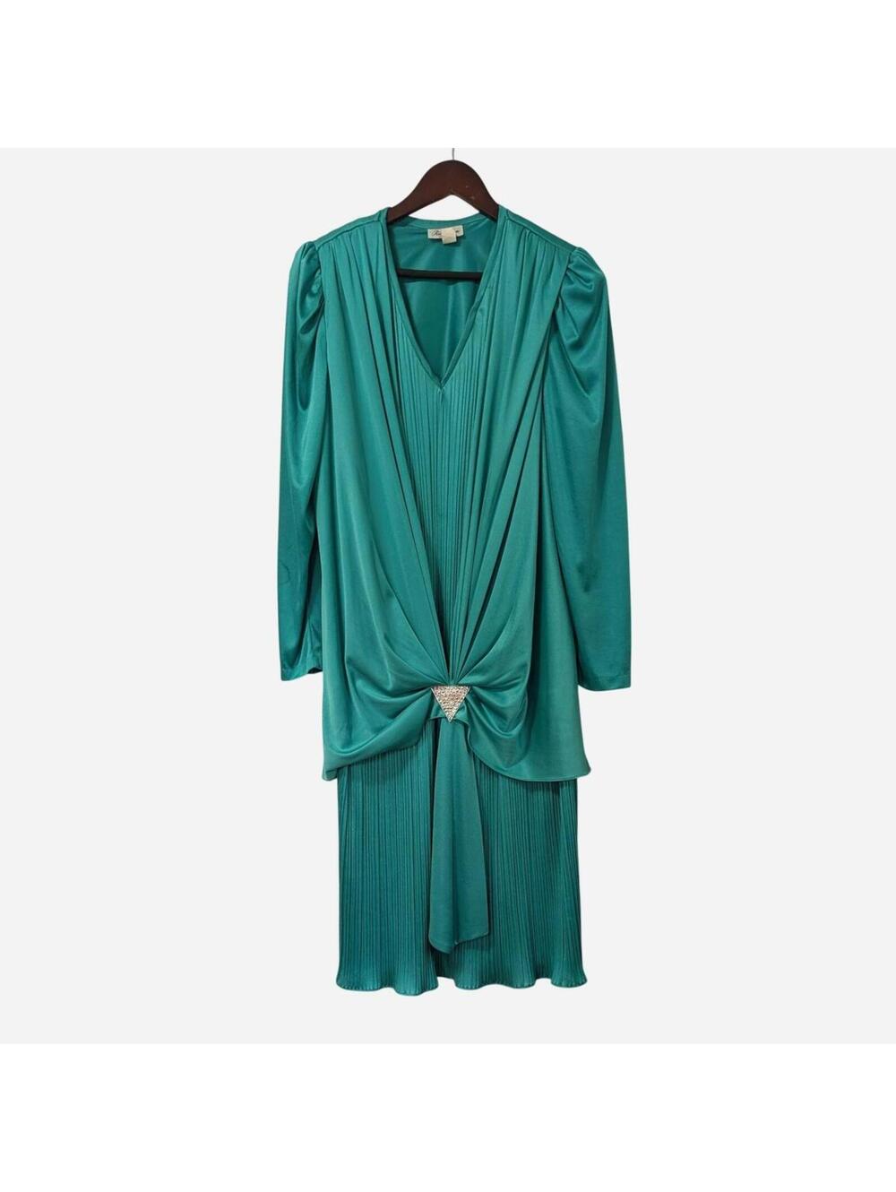 80s Risa Ann New York Teal Draped Rhinestone Pleated Midi Dress Vintage Large